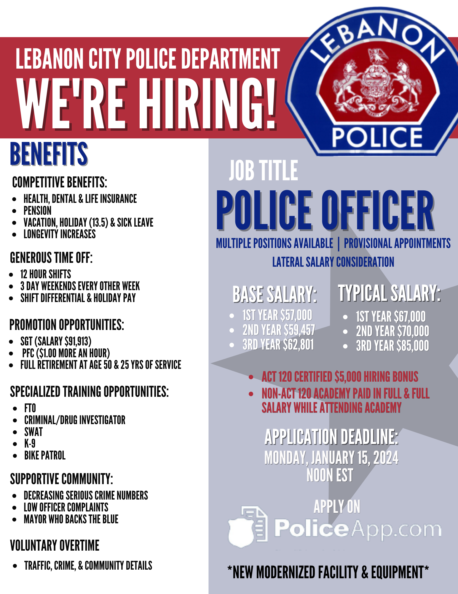 Lebanon City Police Department, PA Public Safety Jobs