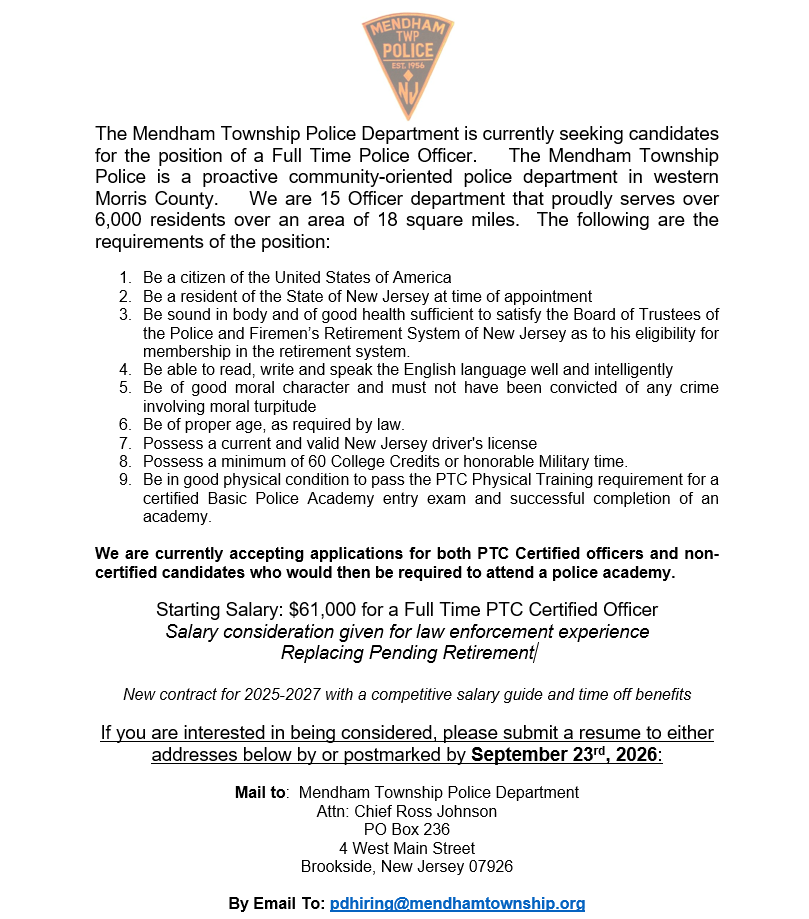 Mendham Township Police Department, NJ Public Safety Jobs