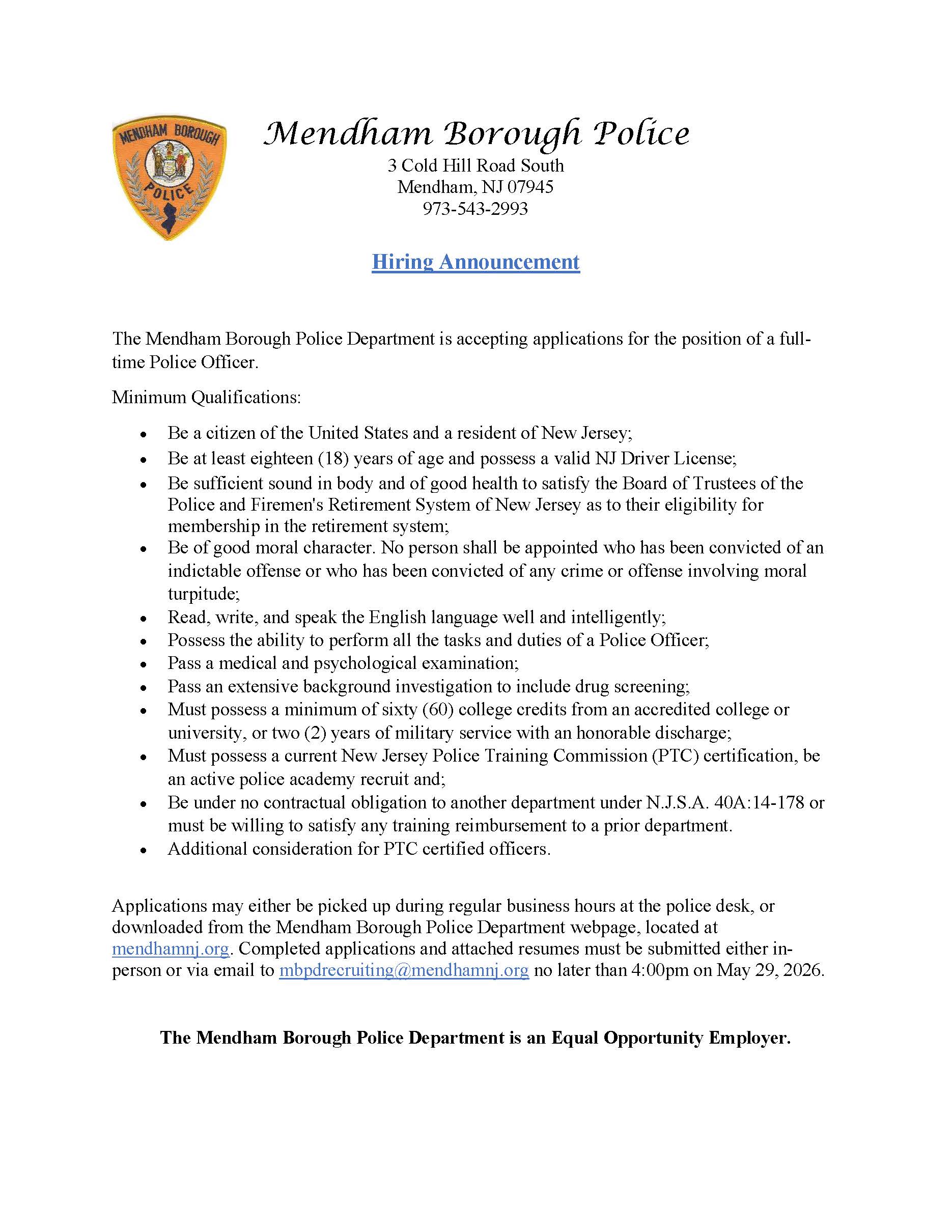 Mendham Borough Police Department, NJ Public Safety Jobs