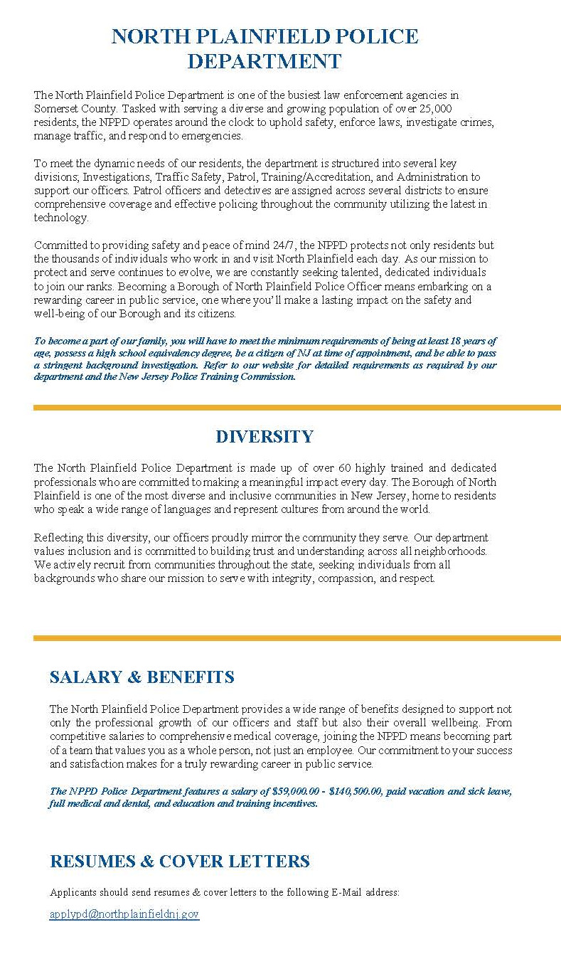 North Plainfield Police Department, NJ Public Safety Jobs