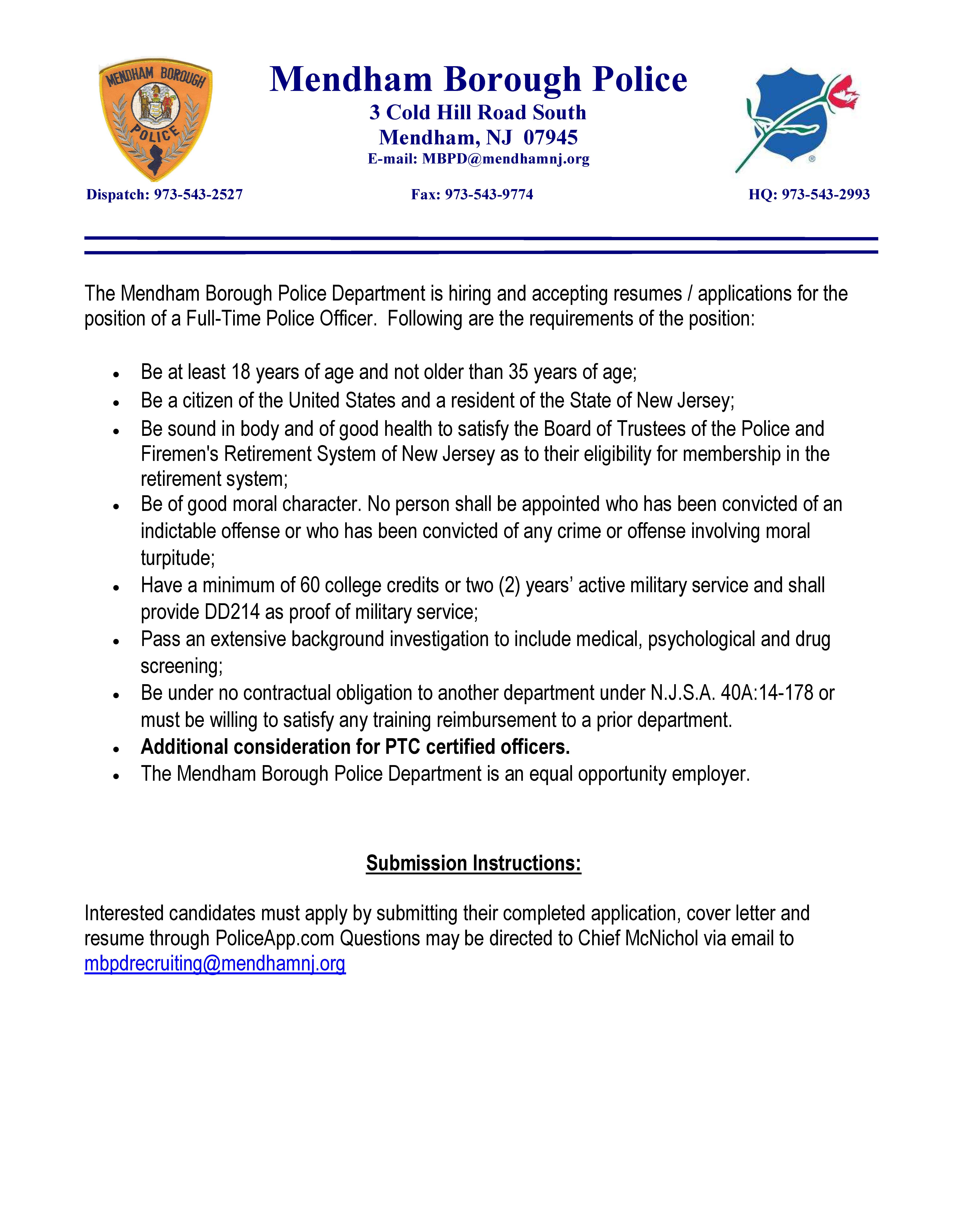 Mendham Borough Police Department, NJ Public Safety Jobs