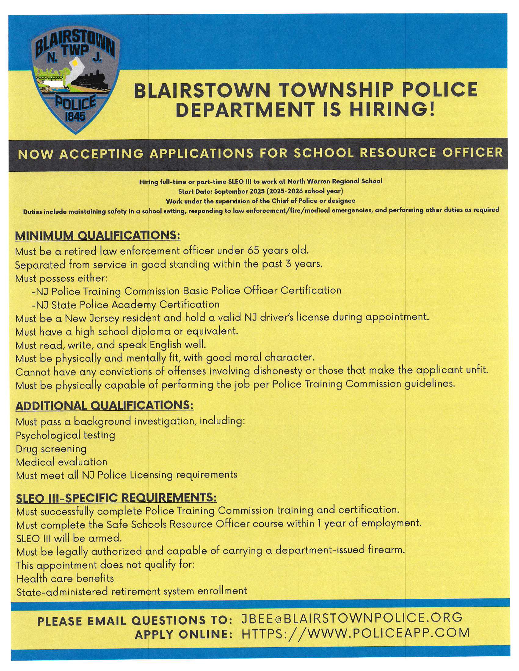 Blairstown Police Department, NJ Public Safety Jobs