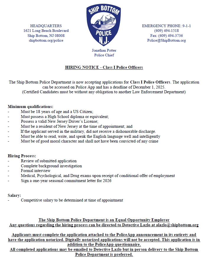 Ship Bottom Police Department, NJ Public Safety Jobs