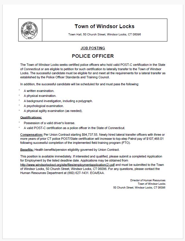 Windsor Locks Police Department, CT Public Safety Jobs