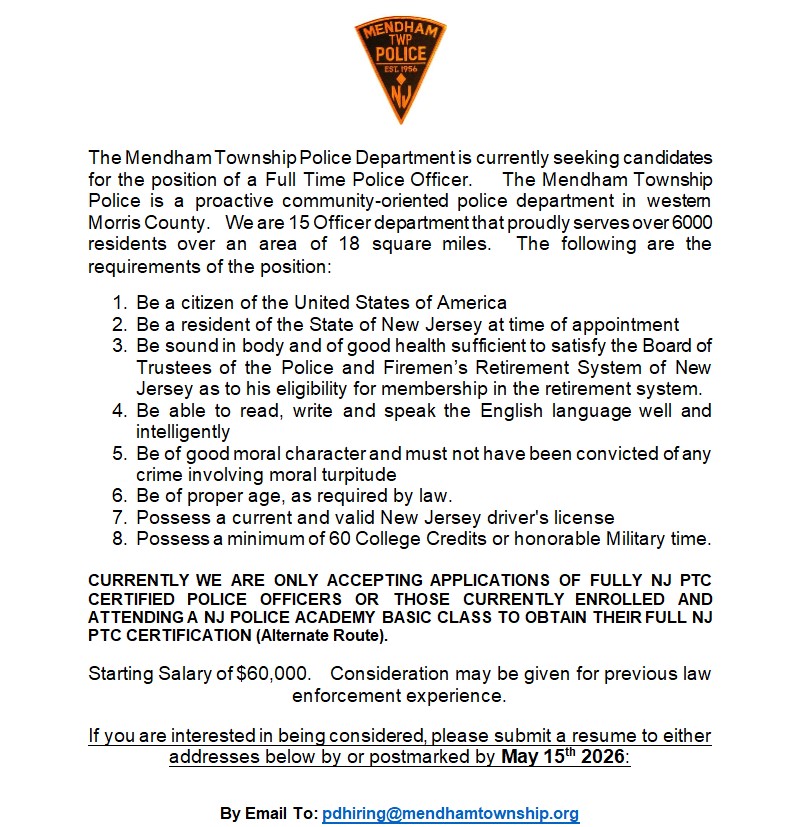 Mendham Township Police Department, NJ Public Safety Jobs