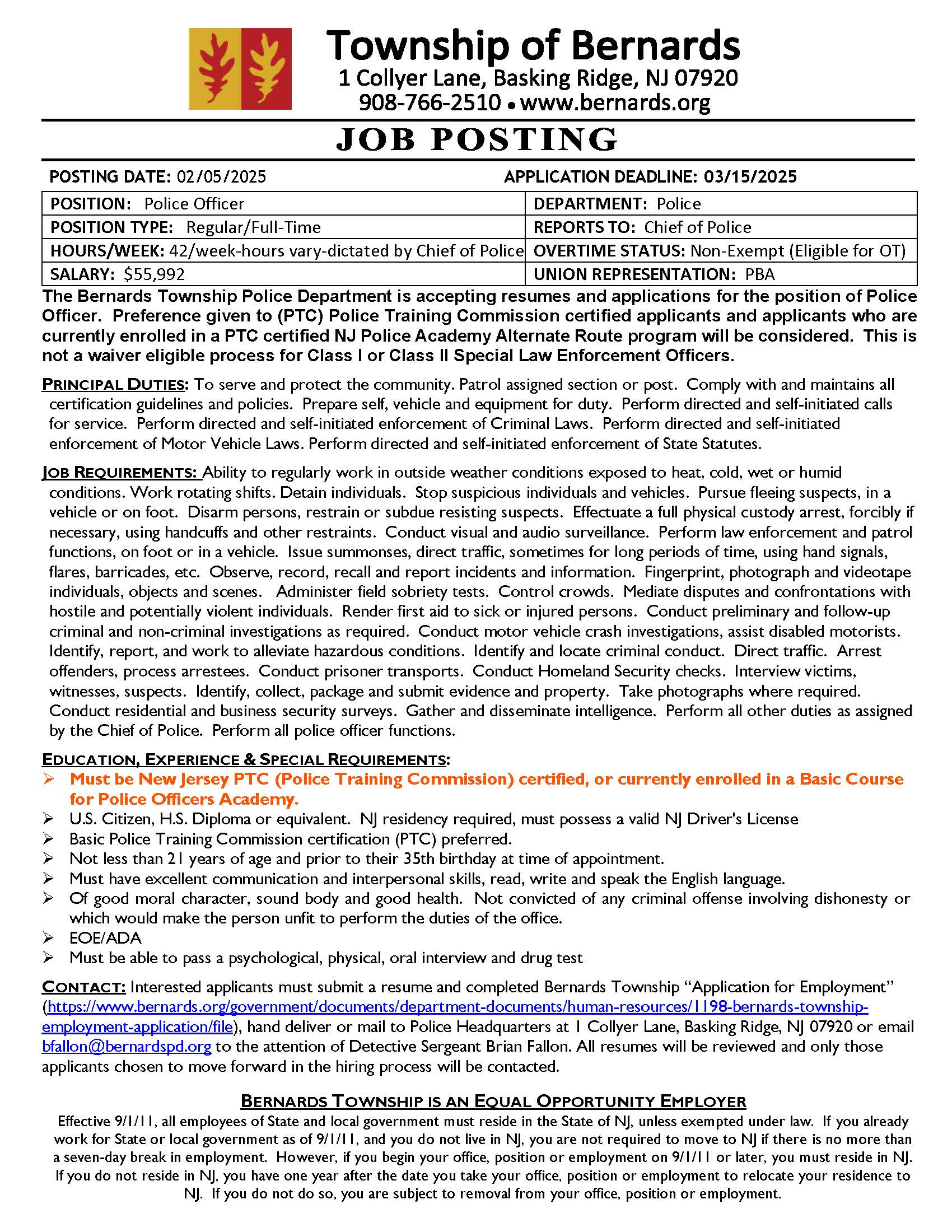 Bernards Township Police Department, NJ Public Safety Jobs